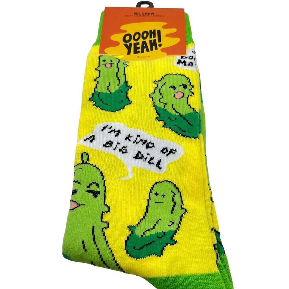Oooh Yeah Pickle Socks Big Dill Size Doesn't Matter Novelty Print Unisex Yellow